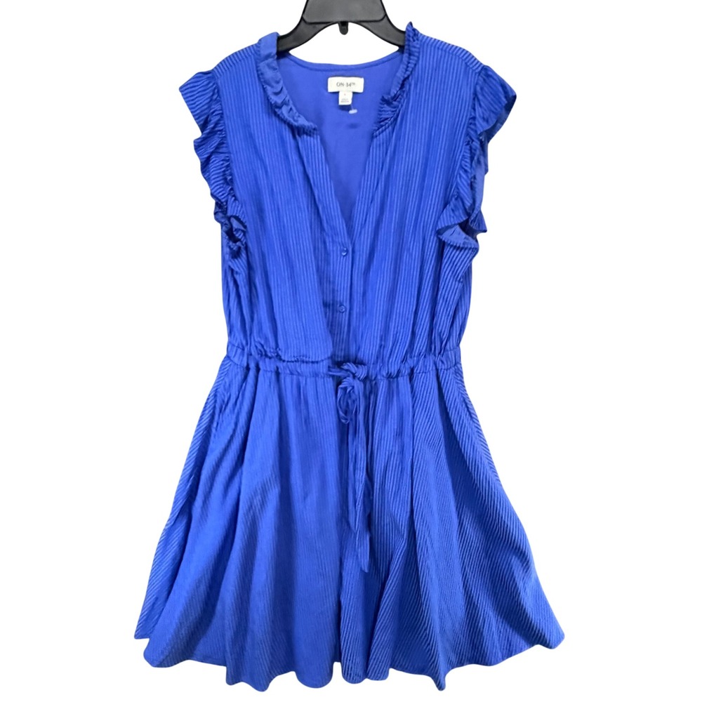 On‎ 34th A Line Ruffle Stripe Mini Dress Large Blue Tie Waist Casual Chic Resort